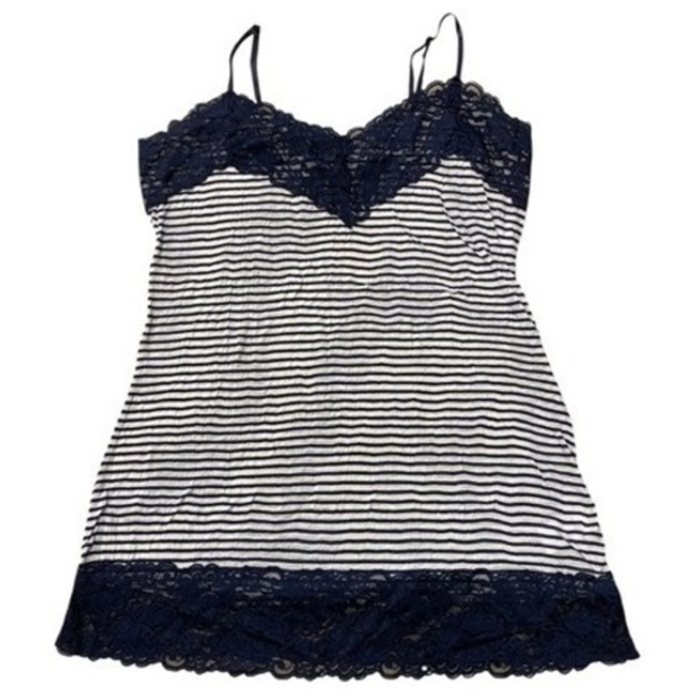 Vanity‎ Y2K Navy Blue Striped Lace Cami Tank Top Coquette Coastal L Large White